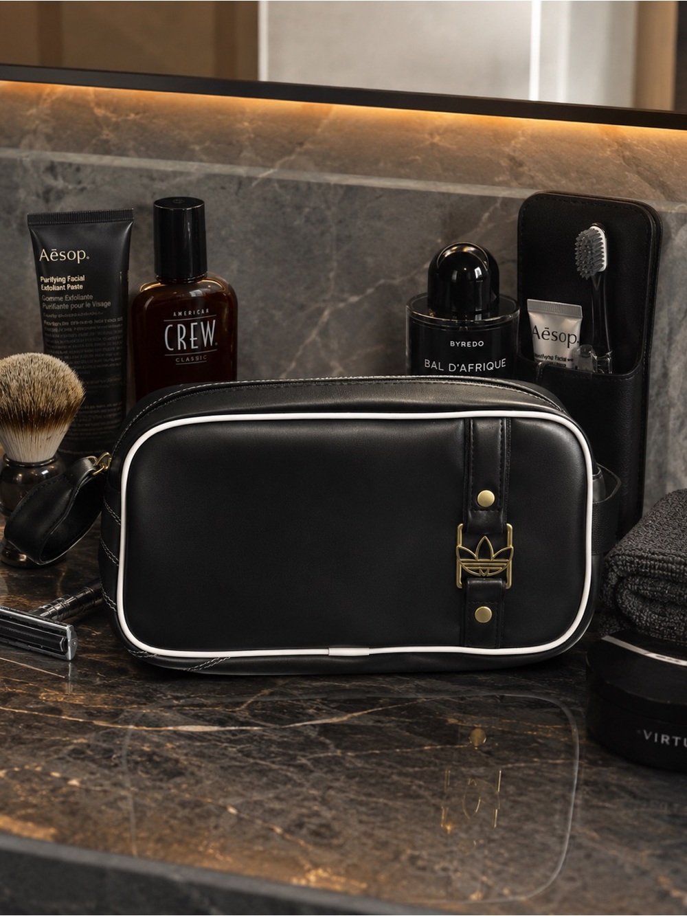 adidas Black Toiletry Bag with White Piping and Gold Hardware